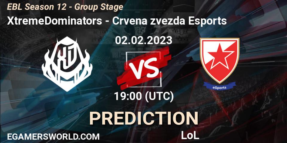 Prognoza XtremeDominators - Crvena zvezda Esports. 02.02.2023 at 19:00, LoL, EBL Season 12 - Group Stage