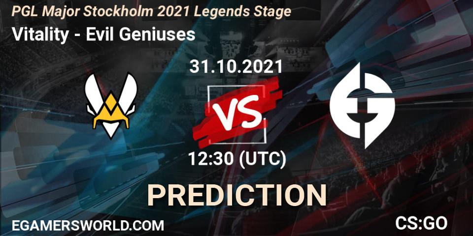 Prognoza Vitality - Evil Geniuses. 31.10.2021 at 12:50, Counter-Strike (CS2), PGL Major Stockholm 2021 Legends Stage