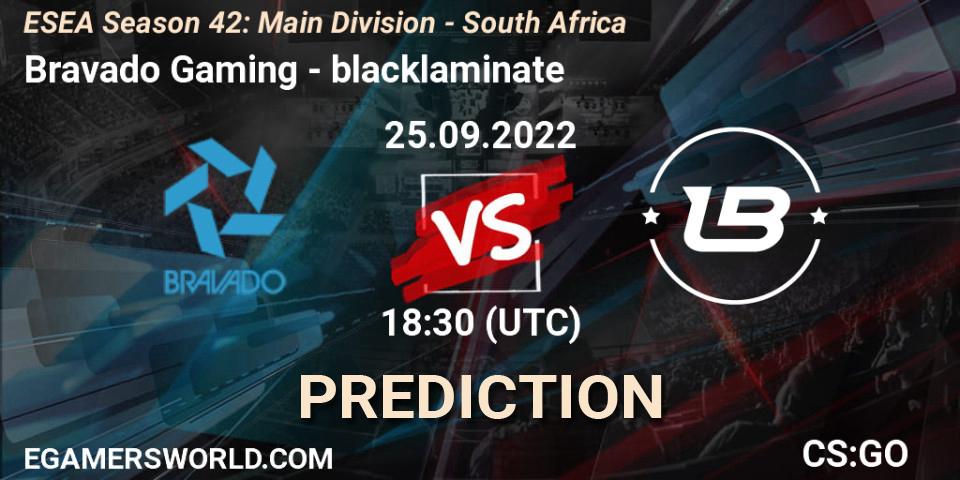Prognoza Bravado Gaming - blacklaminate. 26.09.2022 at 17:30, Counter-Strike (CS2), ESEA Season 42: Main Division - South Africa