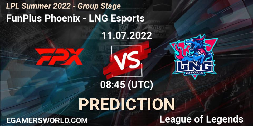 Prognoza FunPlus Phoenix - LNG Esports. 11.07.22, LoL, LPL Summer 2022 - Group Stage