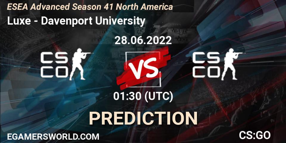Prognoza Luxe - Davenport University. 28.06.2022 at 02:00, Counter-Strike (CS2), ESEA Advanced Season 41 North America