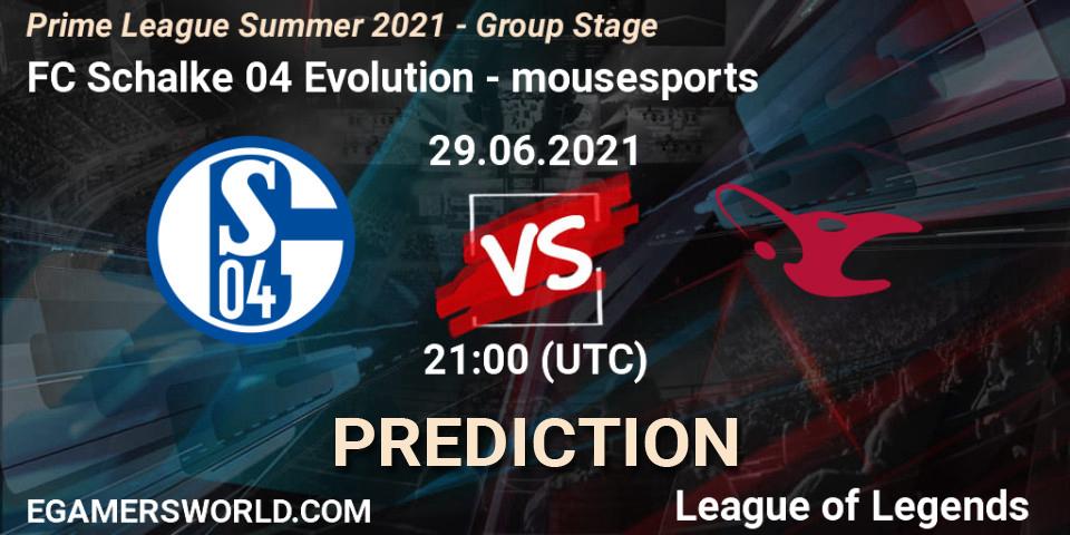 Prognoza FC Schalke 04 Evolution - mousesports. 29.06.2021 at 16:00, LoL, Prime League Summer 2021 - Group Stage