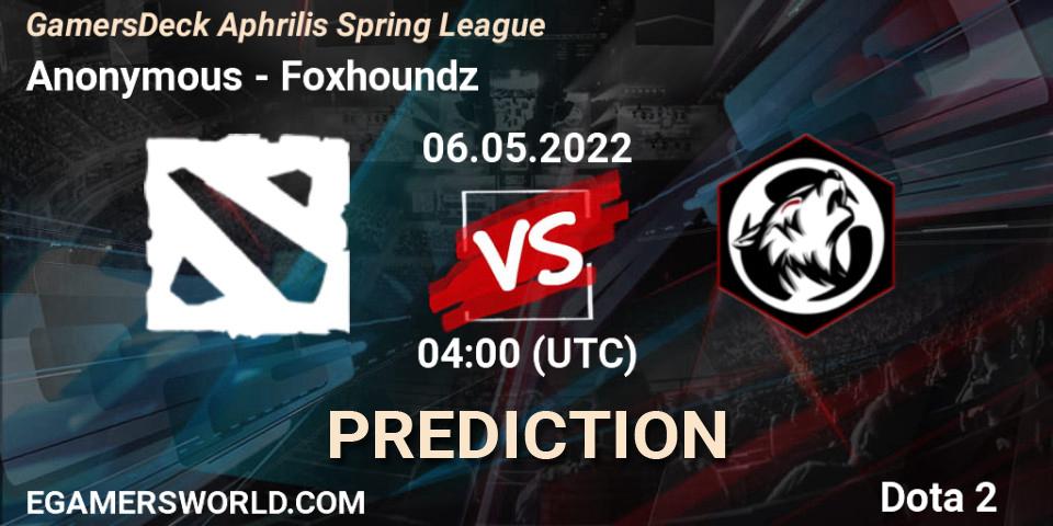 Prognoza Anonymous - Foxhoundz. 06.05.2022 at 03:48, Dota 2, GamersDeck Aphrilis Spring League