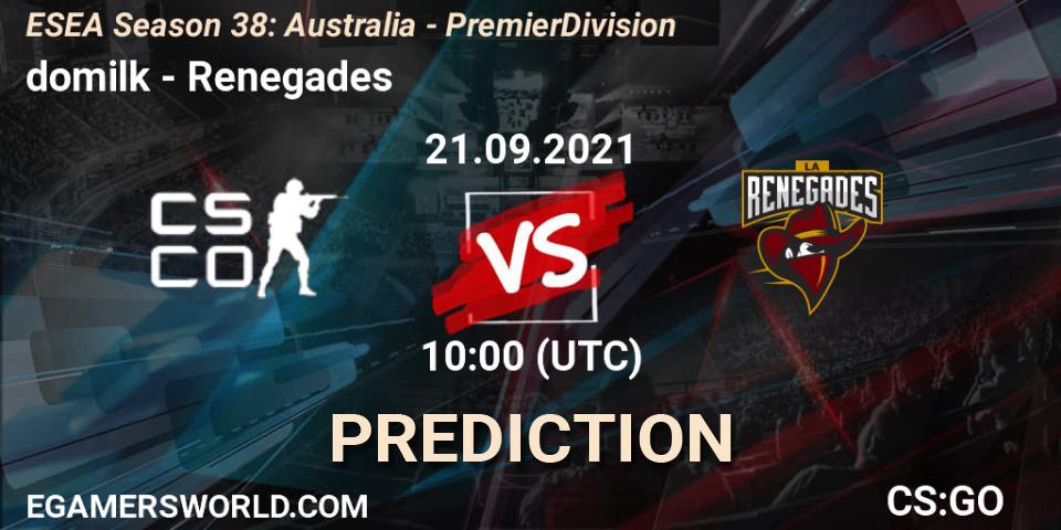 Prognoza domilk - Renegades. 21.09.2021 at 10:00, Counter-Strike (CS2), ESEA Season 38: Australia - Premier Division