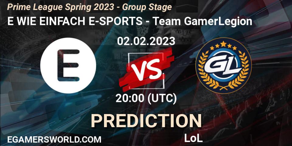 Prognoza E WIE EINFACH E-SPORTS - Team GamerLegion. 02.02.2023 at 18:00, LoL, Prime League Spring 2023 - Group Stage