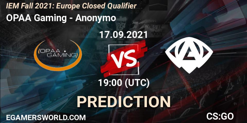 Prognoza OPAA Gaming - Anonymo. 17.09.2021 at 19:00, Counter-Strike (CS2), IEM Fall 2021: Europe Closed Qualifier