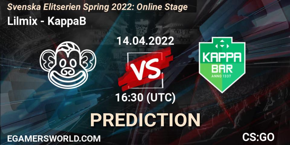 Prognoza Lilmix - KappaB. 14.04.2022 at 16:30, Counter-Strike (CS2), Svenska Elitserien Spring 2022: Online Stage