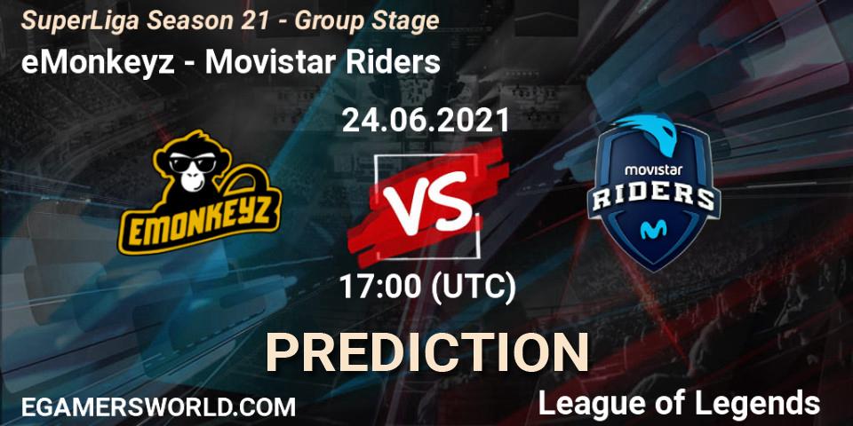 Prognoza eMonkeyz - Movistar Riders. 24.06.2021 at 17:00, LoL, SuperLiga Season 21 - Group Stage 