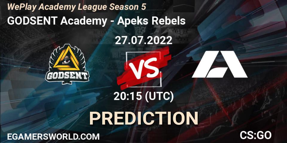 Prognoza GODSENT Academy - Apeks Rebels. 27.07.2022 at 20:15, Counter-Strike (CS2), WePlay Academy League Season 5