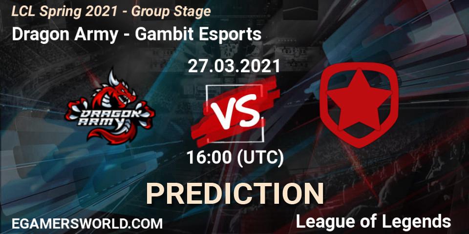 Prognoza Dragon Army - Gambit Esports. 27.03.21, LoL, LCL Spring 2021 - Group Stage