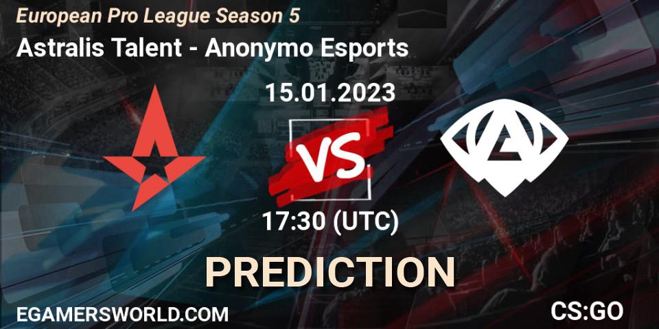 Prognoza Astralis Talent - Anonymo Esports. 15.01.2023 at 18:40, Counter-Strike (CS2), European Pro League Season 5