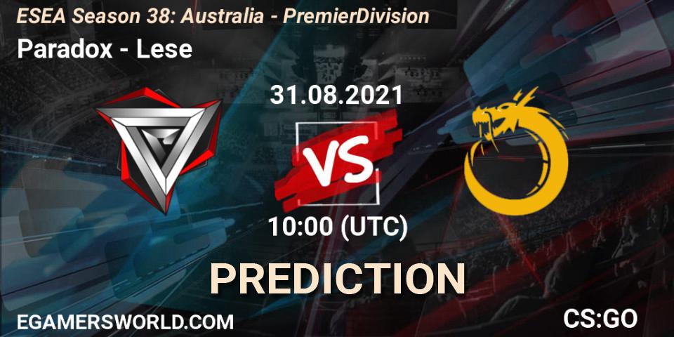 Prognoza Paradox - Lese. 31.08.2021 at 10:00, Counter-Strike (CS2), ESEA Season 38: Australia - Premier Division