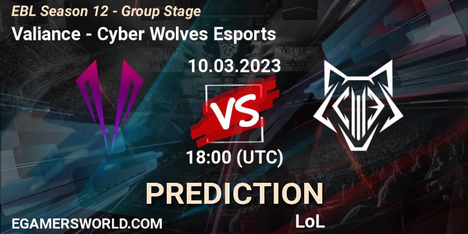 Prognoza Valiance - Cyber Wolves Esports. 10.03.23, LoL, EBL Season 12 - Group Stage