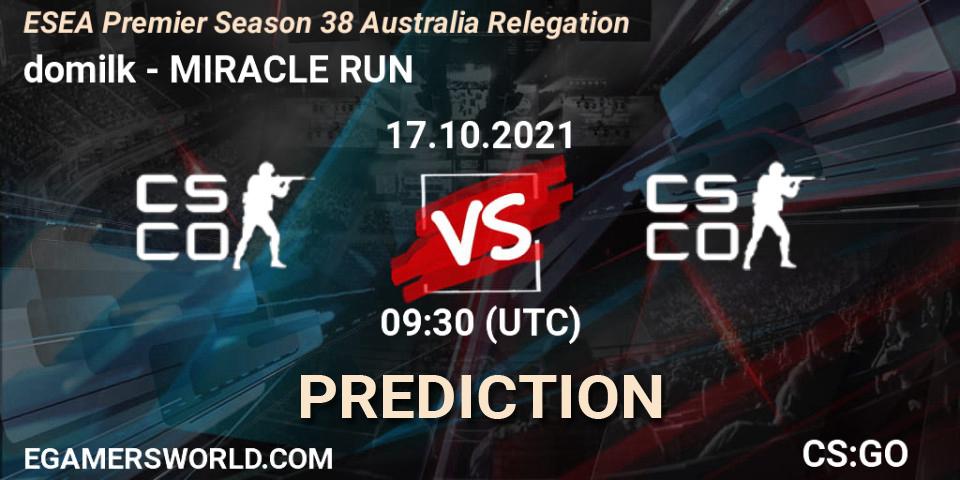 Prognoza domilk - MIRACLE RUN. 17.10.2021 at 09:30, Counter-Strike (CS2), ESEA Premier Season 38 Australia Relegation