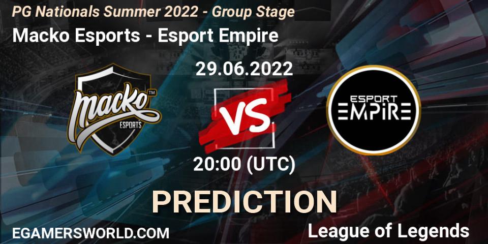 Prognoza Macko Esports - Esport Empire. 29.06.2022 at 20:00, LoL, PG Nationals Summer 2022 - Group Stage