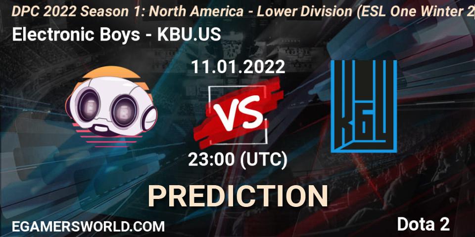 Prognoza Electronic Boys - KBU.US. 11.01.2022 at 23:18, Dota 2, DPC 2022 Season 1: North America - Lower Division (ESL One Winter 2021)