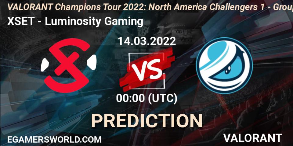 Prognoza XSET - Luminosity Gaming. 13.03.2022 at 00:00, VALORANT, VCT 2022: North America Challengers 1 - Group Stage