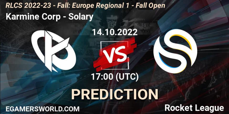 Prognoza Karmine Corp - Solary. 14.10.2022 at 15:00, Rocket League, RLCS 2022-23 - Fall: Europe Regional 1 - Fall Open