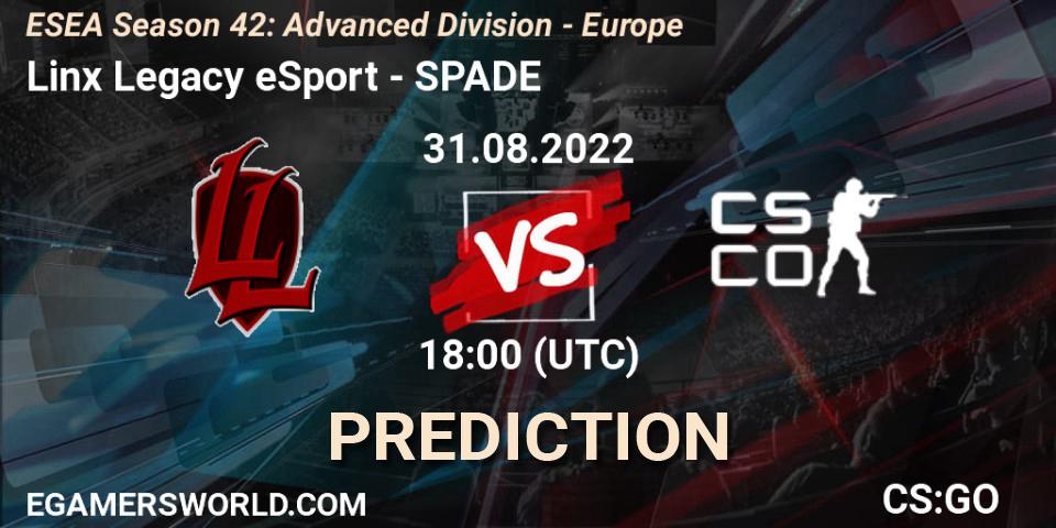 Prognoza Linx Legacy eSport - SPADE. 31.08.2022 at 18:00, Counter-Strike (CS2), ESEA Season 42: Advanced Division - Europe