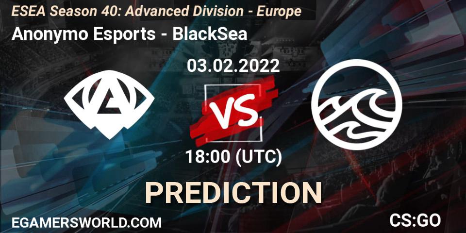 Prognoza Anonymo Esports - BlackSea. 03.02.2022 at 18:00, Counter-Strike (CS2), ESEA Season 40: Advanced Division - Europe