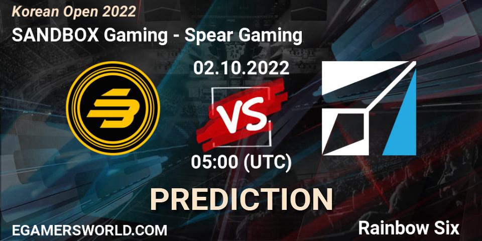 Prognoza SANDBOX Gaming - Spear Gaming. 02.10.2022 at 05:00, Rainbow Six, Korean Open 2022
