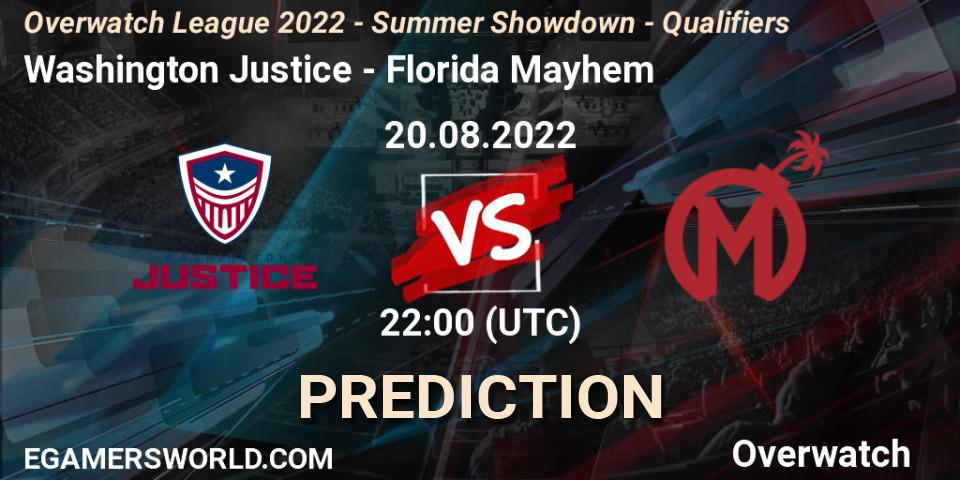 Prognoza Washington Justice - Florida Mayhem. 20.08.2022 at 22:15, Overwatch, Overwatch League 2022 - Summer Showdown - Qualifiers
