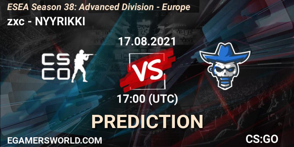 Prognoza zxc - NYYRIKKI. 17.08.2021 at 17:00, Counter-Strike (CS2), ESEA Season 38: Advanced Division - Europe
