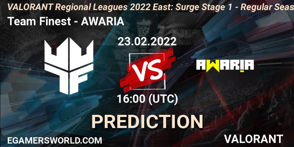 Prognoza Team Finest - AWARIA. 23.02.2022 at 16:00, VALORANT, VALORANT Regional Leagues 2022 East: Surge Stage 1 - Regular Season