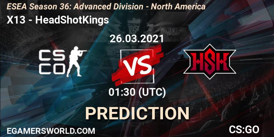 Prognoza X13 - HeadShotKings. 26.03.2021 at 01:30, Counter-Strike (CS2), ESEA Season 36: Advanced Division - North America