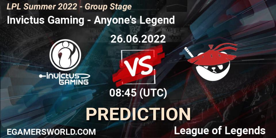 Prognoza Invictus Gaming - Anyone's Legend. 26.06.2022 at 09:00, LoL, LPL Summer 2022 - Group Stage