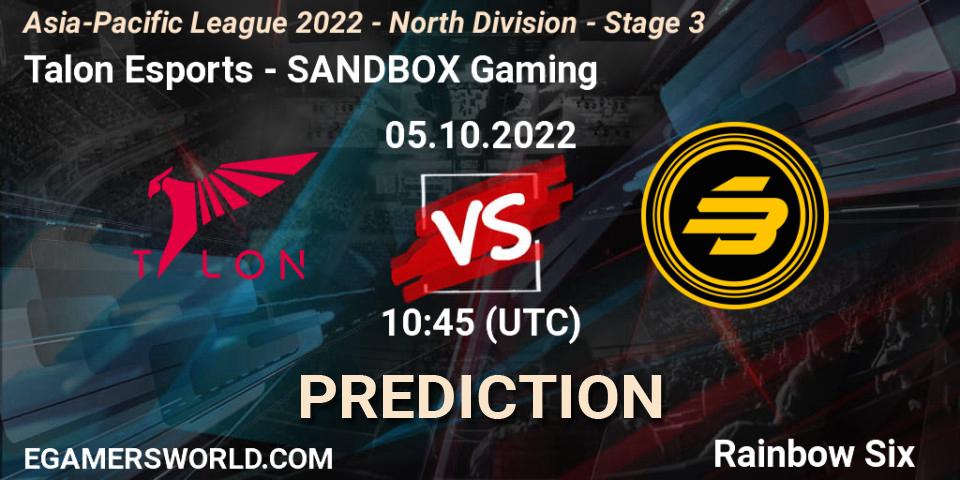 Prognoza Talon Esports - SANDBOX Gaming. 05.10.22, Rainbow Six, Asia-Pacific League 2022 - North Division - Stage 3