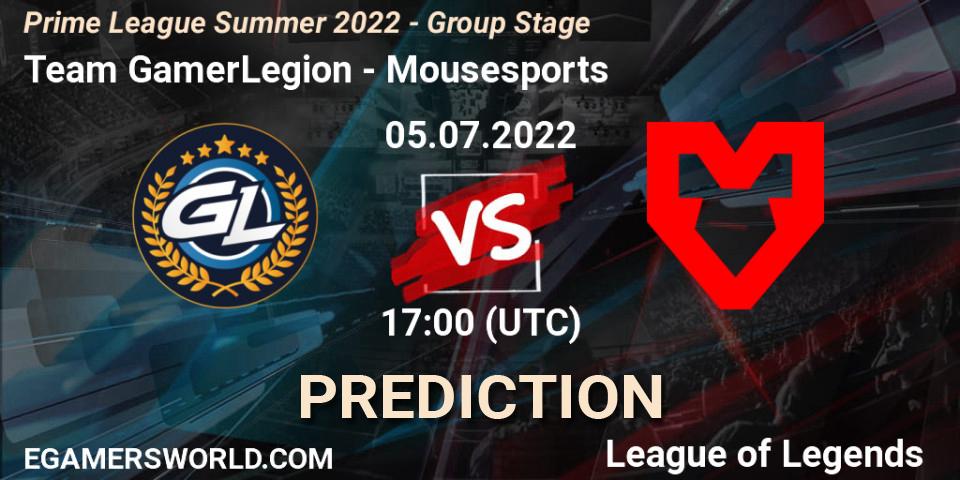 Prognoza Team GamerLegion - Mousesports. 05.07.2022 at 17:00, LoL, Prime League Summer 2022 - Group Stage