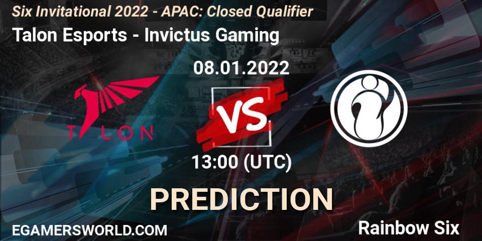 Prognoza Talon Esports - Invictus Gaming. 08.01.2022 at 13:00, Rainbow Six, Six Invitational 2022 - APAC: Closed Qualifier