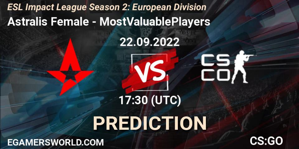 Prognoza Astralis Female - MostValuablePlayers. 22.09.2022 at 17:30, Counter-Strike (CS2), ESL Impact League Season 2: European Division