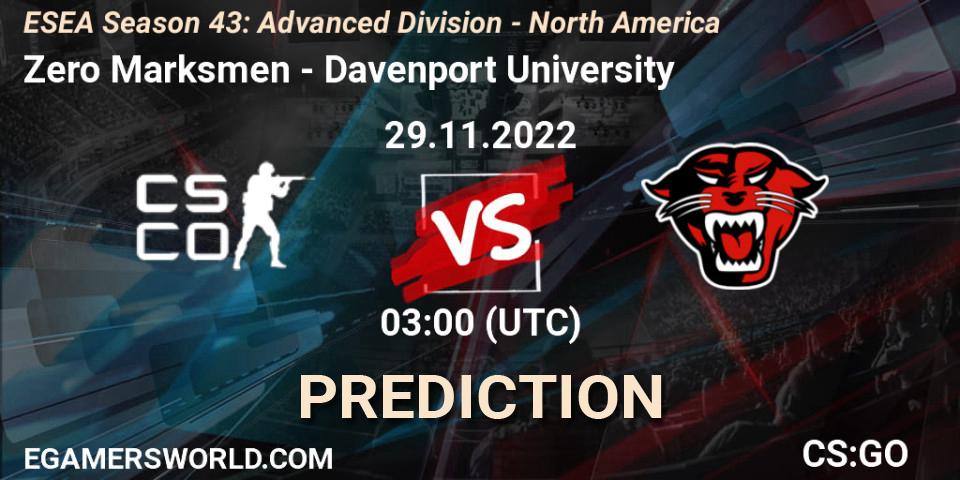 Prognoza Zero Marksmen - Davenport University. 29.11.22, CS2 (CS:GO), ESEA Season 43: Advanced Division - North America