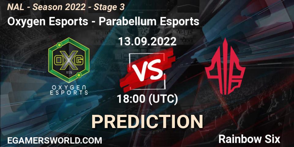 Prognoza Oxygen Esports - Parabellum Esports. 13.09.2022 at 18:00, Rainbow Six, NAL - Season 2022 - Stage 3