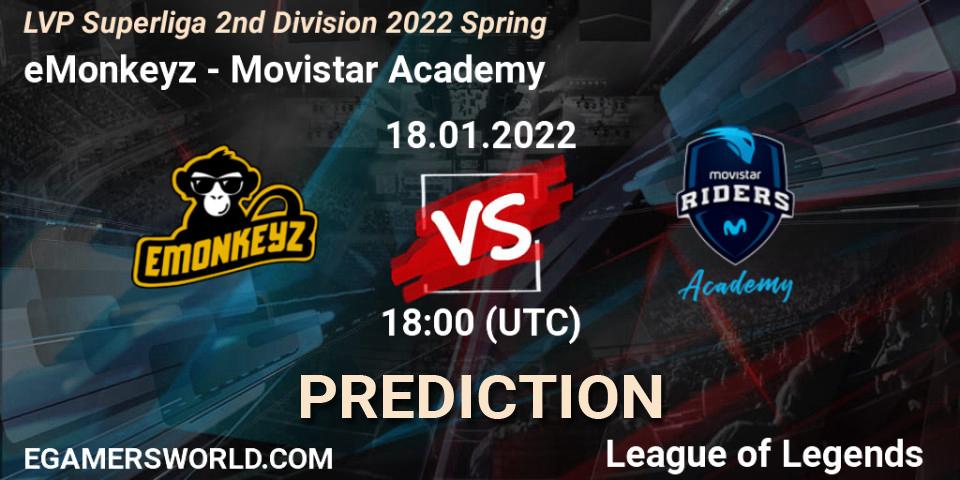 Prognoza eMonkeyz - Movistar Academy. 19.01.2022 at 18:00, LoL, LVP Superliga 2nd Division 2022 Spring