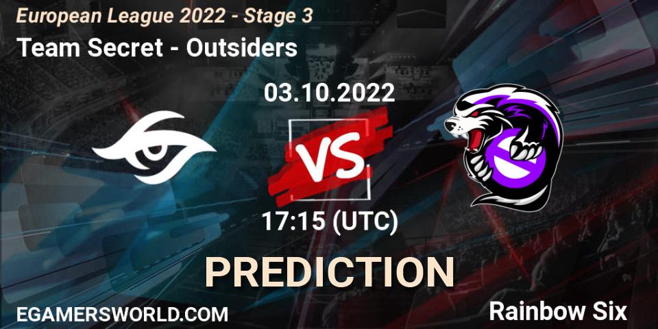 Prognoza Team Secret - Outsiders. 03.10.2022 at 17:15, Rainbow Six, European League 2022 - Stage 3
