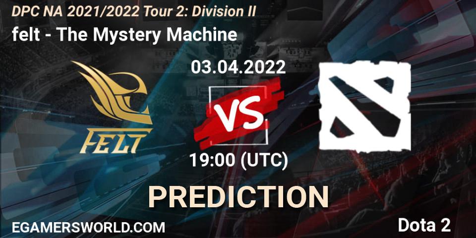 Prognoza felt - The Mystery Machine. 03.04.2022 at 18:55, Dota 2, DP 2021/2022 Tour 2: NA Division II (Lower) - ESL One Spring 2022