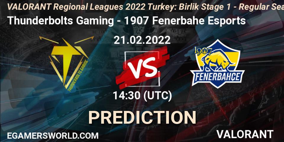 Prognoza Thunderbolts Gaming - 1907 Fenerbahçe Esports. 21.02.2022 at 14:55, VALORANT, VALORANT Regional Leagues 2022 Turkey: Birlik Stage 1 - Regular Season