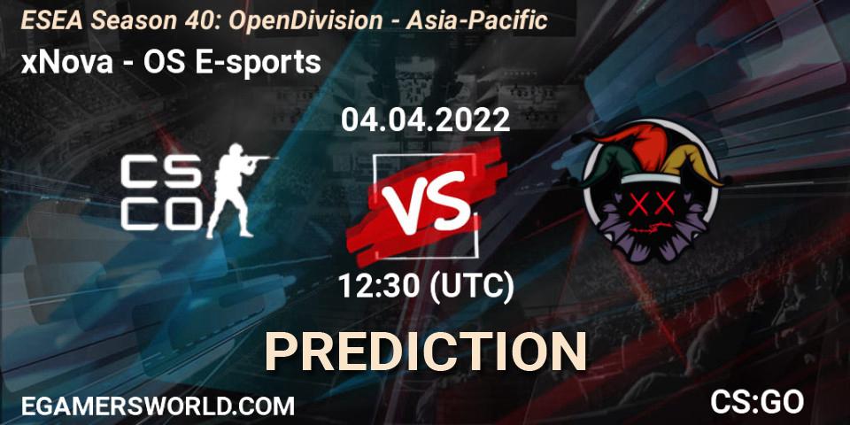 Prognoza xNova - OS E-sports. 04.04.2022 at 12:30, Counter-Strike (CS2), ESEA Season 40: Open Division - Asia-Pacific