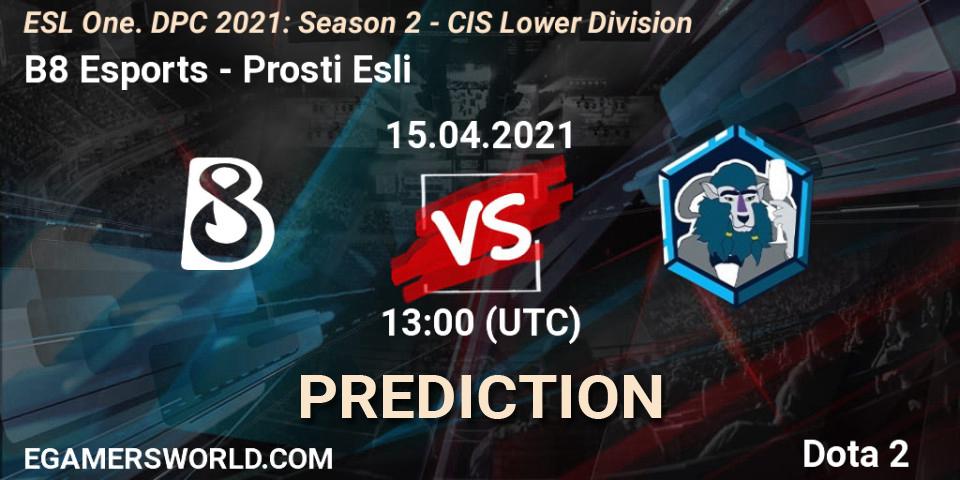 Prognoza B8 Esports - Prosti Esli. 15.04.2021 at 12:55, Dota 2, ESL One. DPC 2021: Season 2 - CIS Lower Division