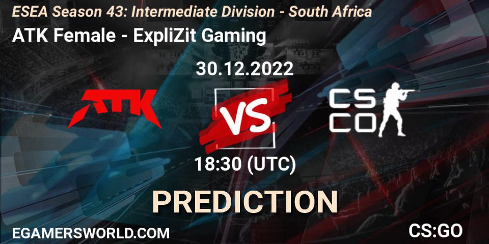 Prognoza ATK Female - ExpliZit Gaming. 29.12.22, CS2 (CS:GO), ESEA Season 43: Intermediate Division - South Africa
