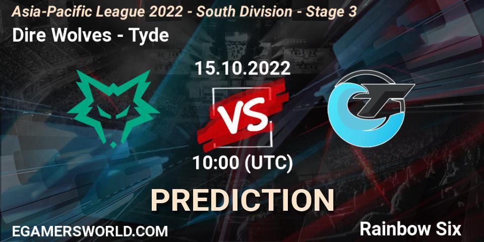 Prognoza Dire Wolves - Tyde. 15.10.2022 at 10:00, Rainbow Six, Asia-Pacific League 2022 - South Division - Stage 3