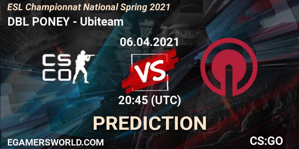 Prognoza DBL PONEY - Ubiteam. 13.04.2021 at 20:00, Counter-Strike (CS2), ESL Championnat National Spring 2021