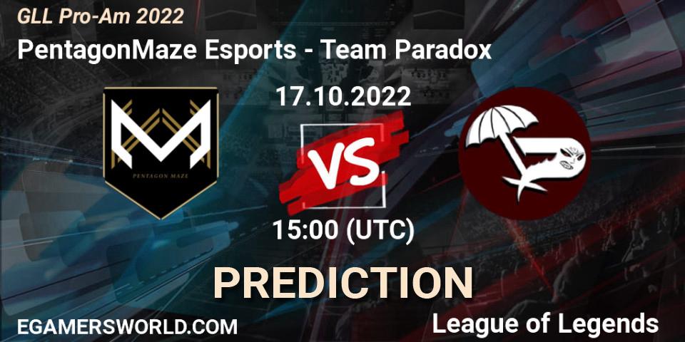 Prognoza PentagonMaze Esports - Team Paradox. 17.10.2022 at 18:30, LoL, GLL Pro-Am 2022