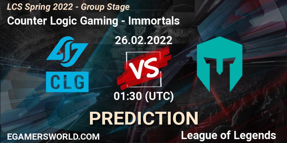 Prognoza Counter Logic Gaming - Immortals. 26.02.2022 at 01:30, LoL, LCS Spring 2022 - Group Stage