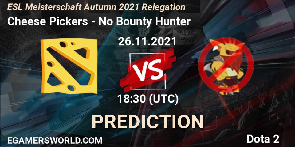 Prognoza Cheese Pickers - No Bounty Hunter. 26.11.2021 at 18:30, Dota 2, ESL Meisterschaft Autumn 2021 Relegation