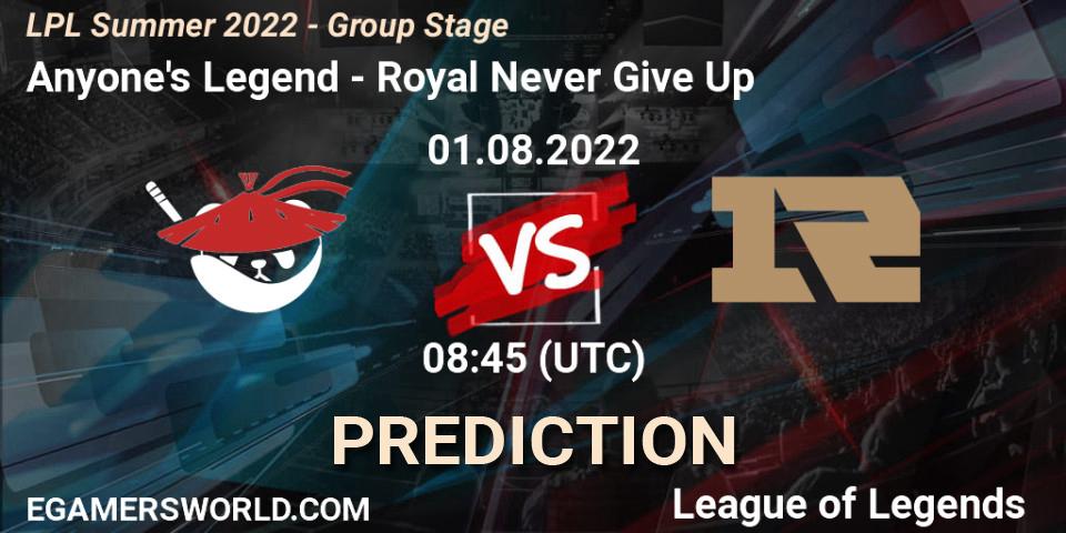 Prognoza Anyone's Legend - Royal Never Give Up. 01.08.22, LoL, LPL Summer 2022 - Group Stage