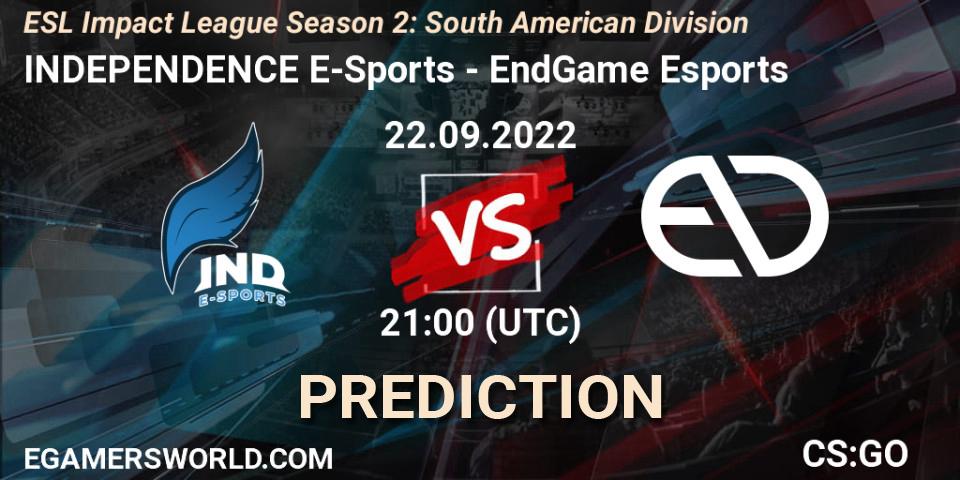 Prognoza INDEPENDENCE E-Sports - EndGame Esports. 22.09.2022 at 21:00, Counter-Strike (CS2), ESL Impact League Season 2: South American Division